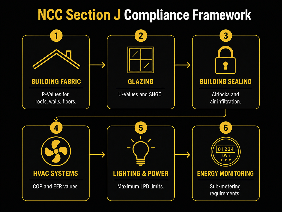 Infographic showing the six key components of NCC Section J compliance framework: Building Fabric, Glazing, Building Sealing, HVAC Systems, Lighting and Power, and Energy Monitoring