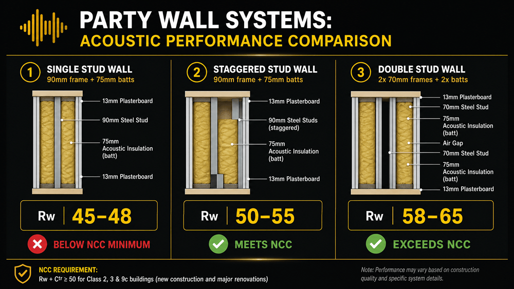 Comparison of three party wall systems showing acoustic performance: single stud wall Rw 45-48 below NCC minimum, staggered stud wall Rw 50-55 meets NCC, and double stud wall Rw 58-65 exceeds NCC requirements