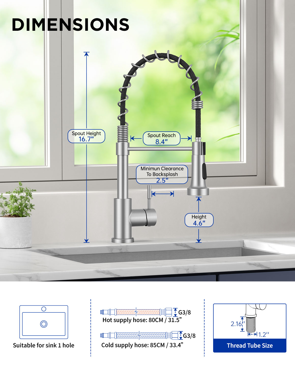 Kitchen Tap, Commercial Spring Kitchen Mixer Tap, Single Handle High Arc Stainless Steel Tap with 360° Swivel and 2 Spray Modes, Brushed Nickel