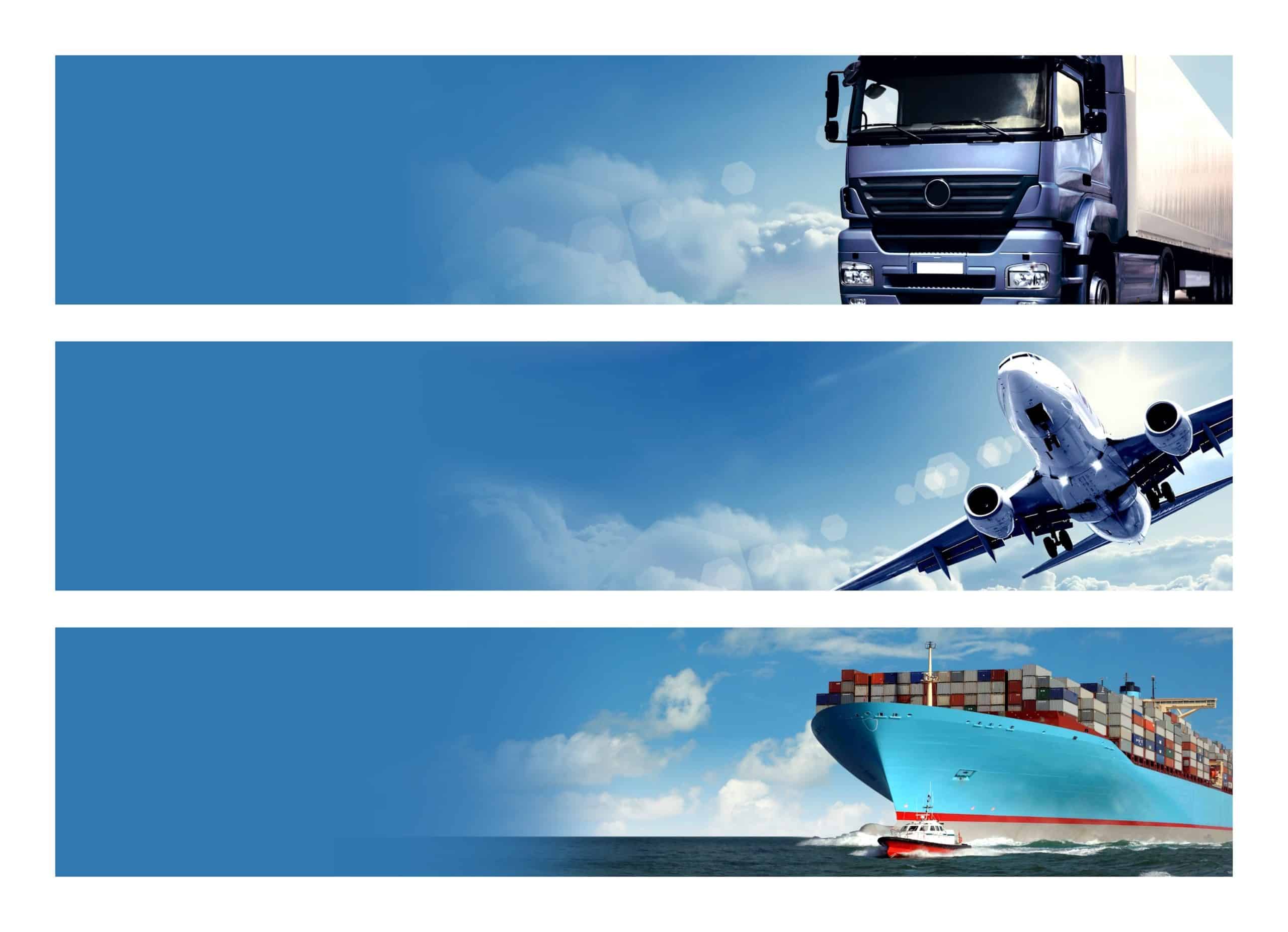 diferentes banners con un barco, un avión y un camion
