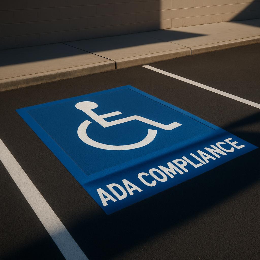 Disability parking spot with an ADA compliance symbol and blue paint that bears the symbol and the words "ADA COMPLIANCE".
