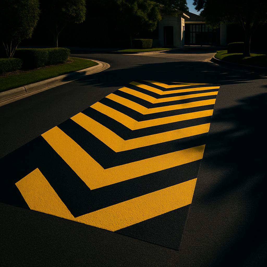 A residential road with caution lines painted on it, transitioning to a house on the right and curving off the photo in th...