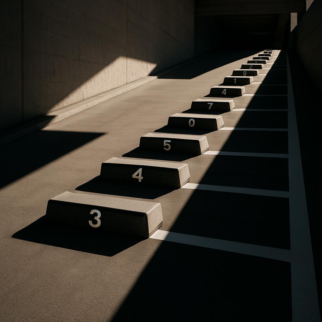 The image depicts a dimly lit parking garage or similar structure, characterized by parallel rows of numbered concrete blo...