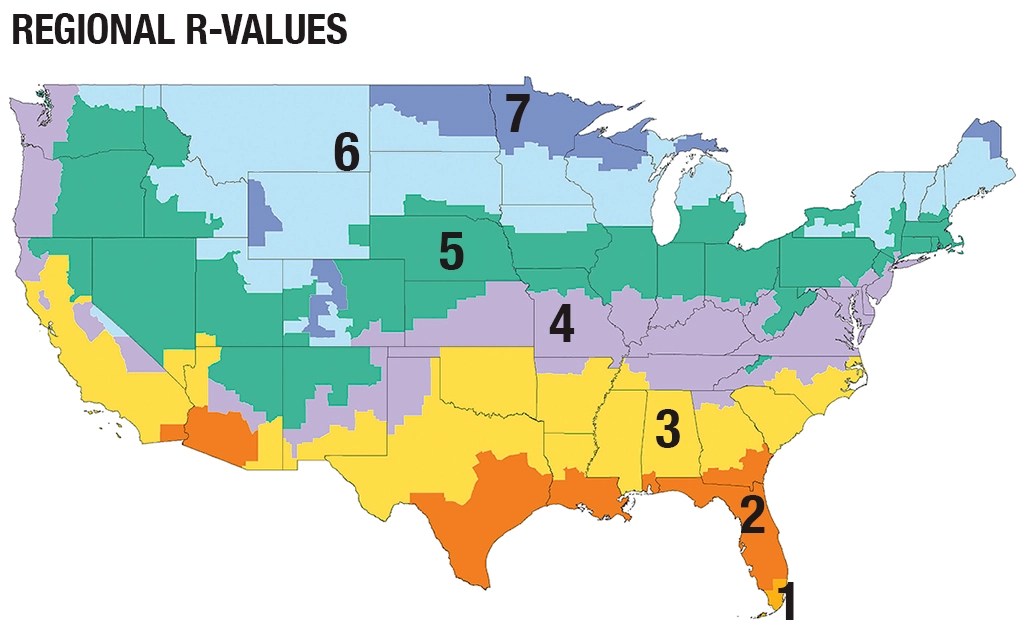 A regional map for recommended R Values for insulation strength. Houston is in Group 2.