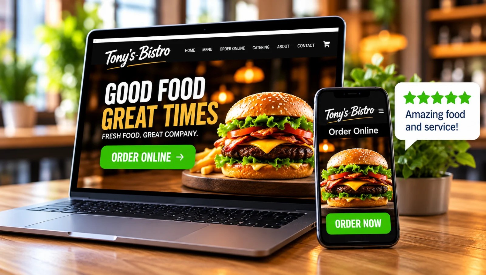 Example restaurant website, mobile ordering, and review experience