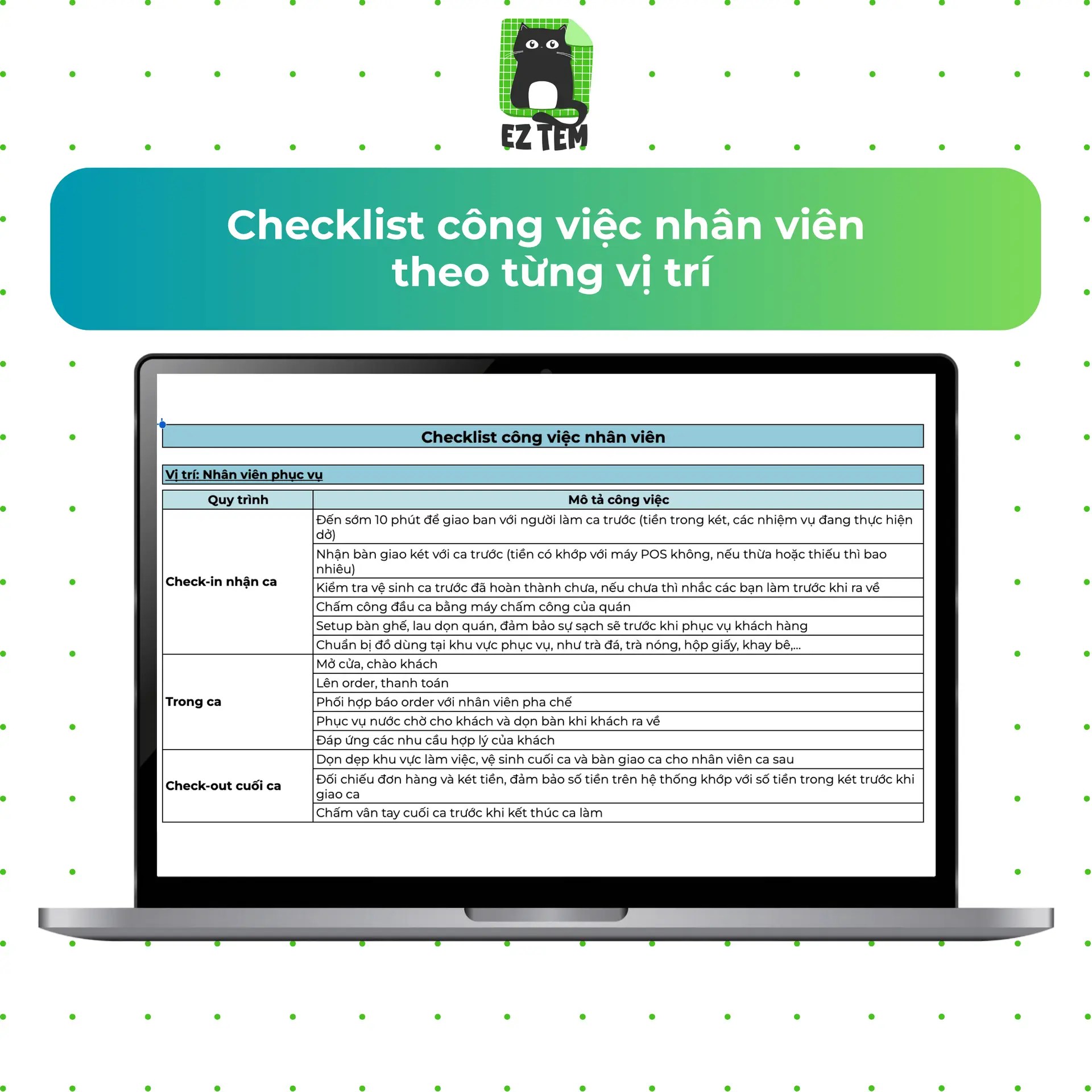EZ F&B | Bộ Checklist đào tạo và vận hành