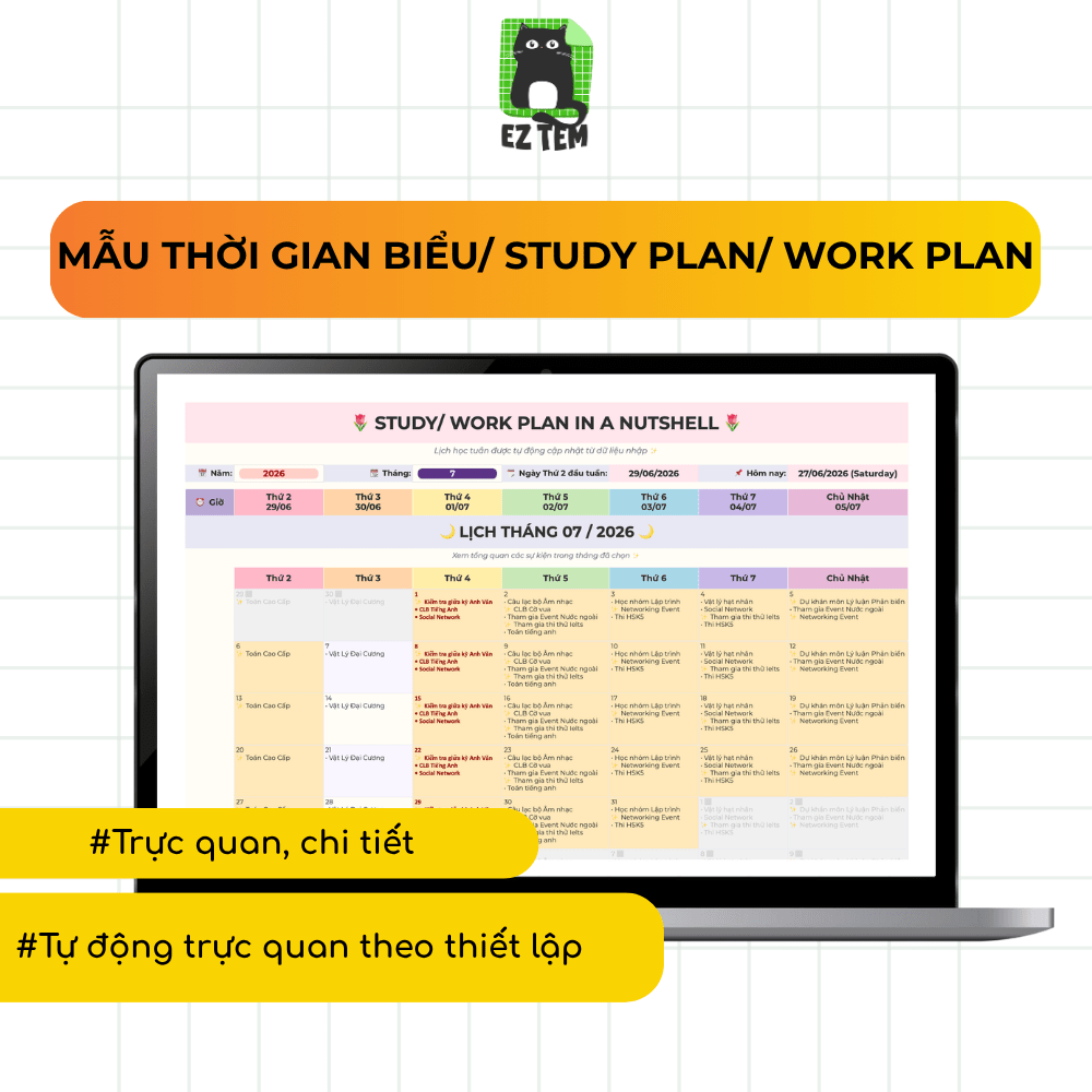 Template Work/Study Plan (Mẫu Thời gian biểu Kế hoạch Học tập/Làm việc)