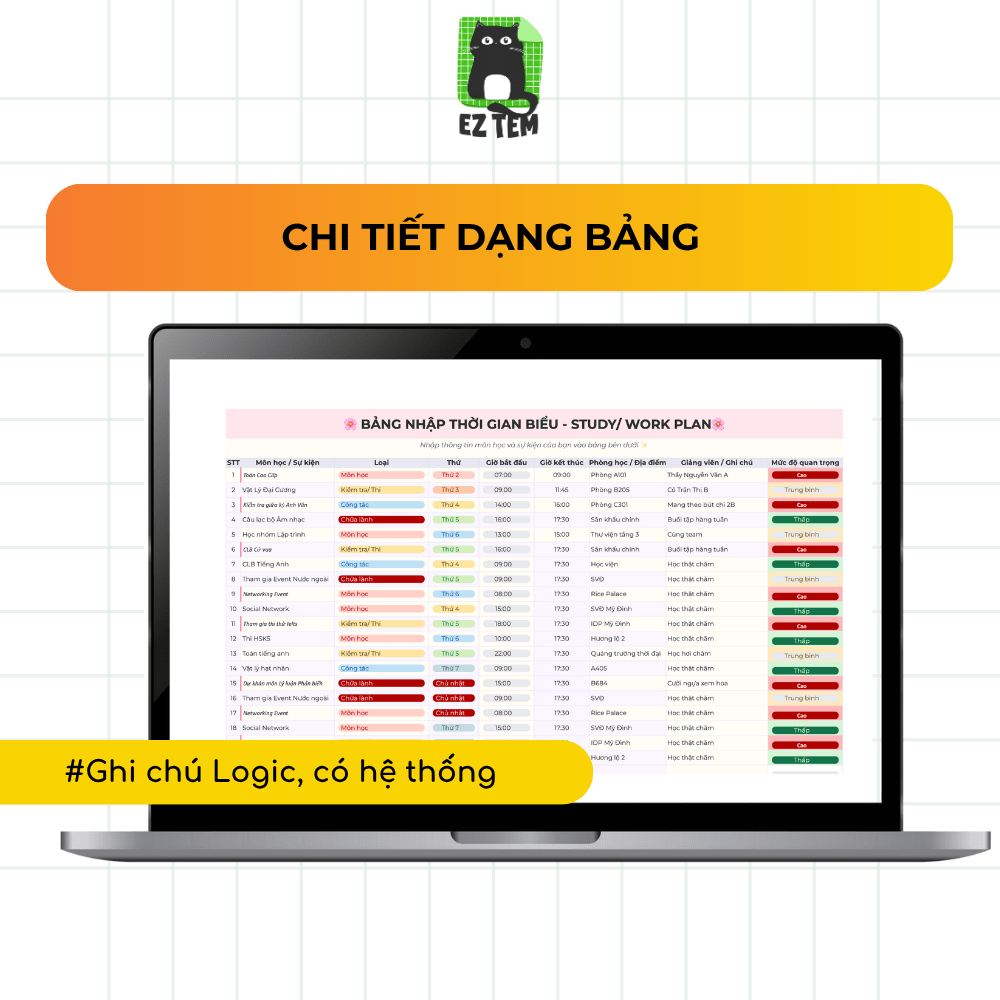 Template Work/Study Plan (Mẫu Thời gian biểu Kế hoạch Học tập/Làm việc)