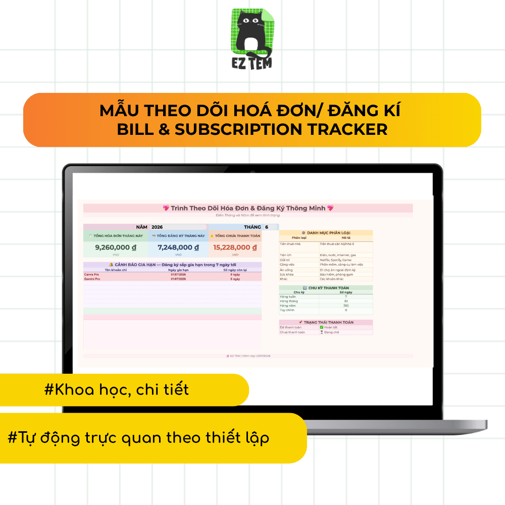Template Subscription Payment Tracker - Mẫu File Theo dõi Hoá đơn & Đăng ký
