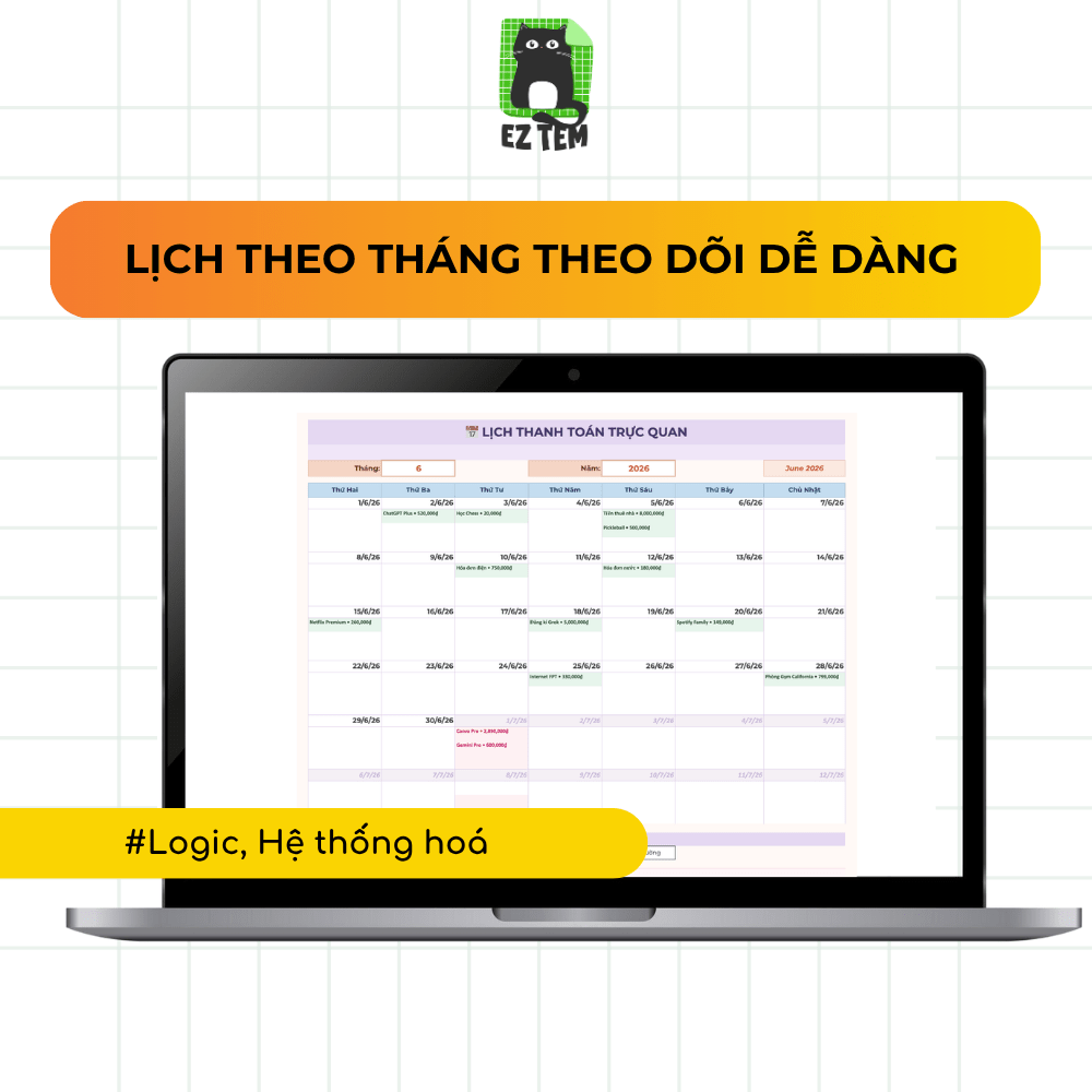 Template Subscription Payment Tracker - Mẫu File Theo dõi Hoá đơn & Đăng ký