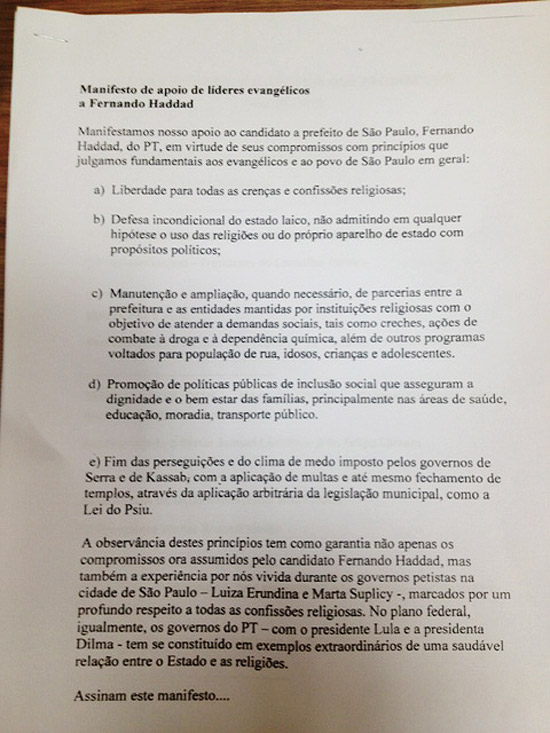 Manifesto de apoio de l&iacute;deres evang&eacute;licos a Fernando Haddad