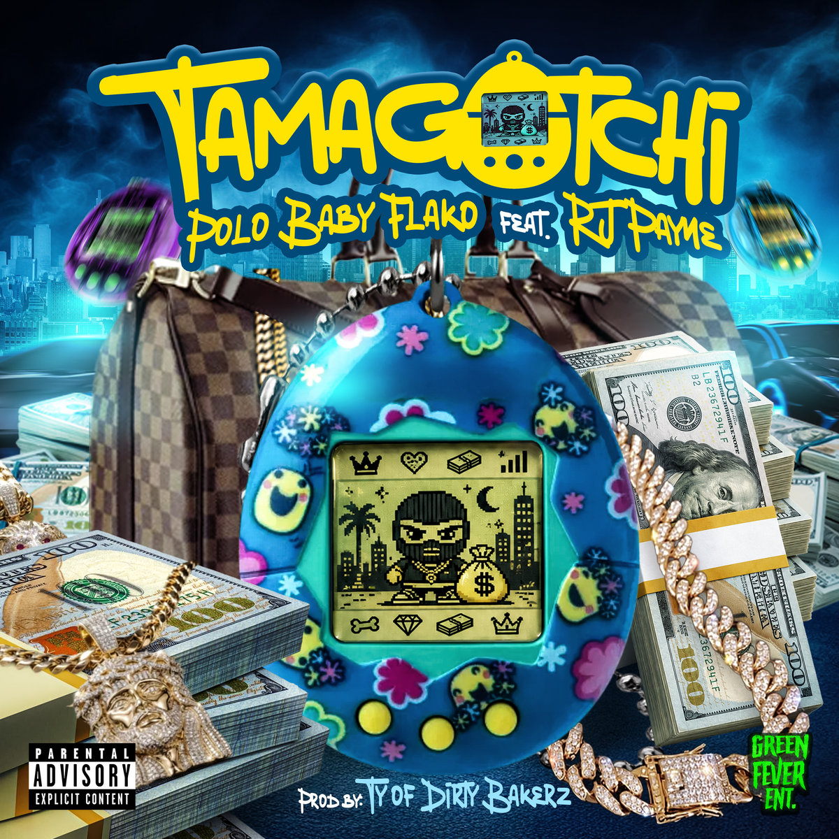 Polo Baby Flako Tamagotchi single artwork featuring RJ Payne collaboration and Ty of Dirty Bakerz production