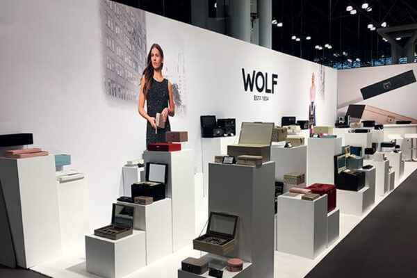 L-shape trade show booth backwall for WOLF watch boxes