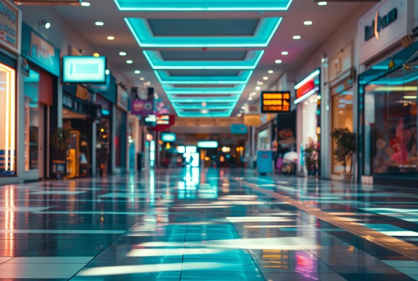 Interior of outdated indoor mall with stores