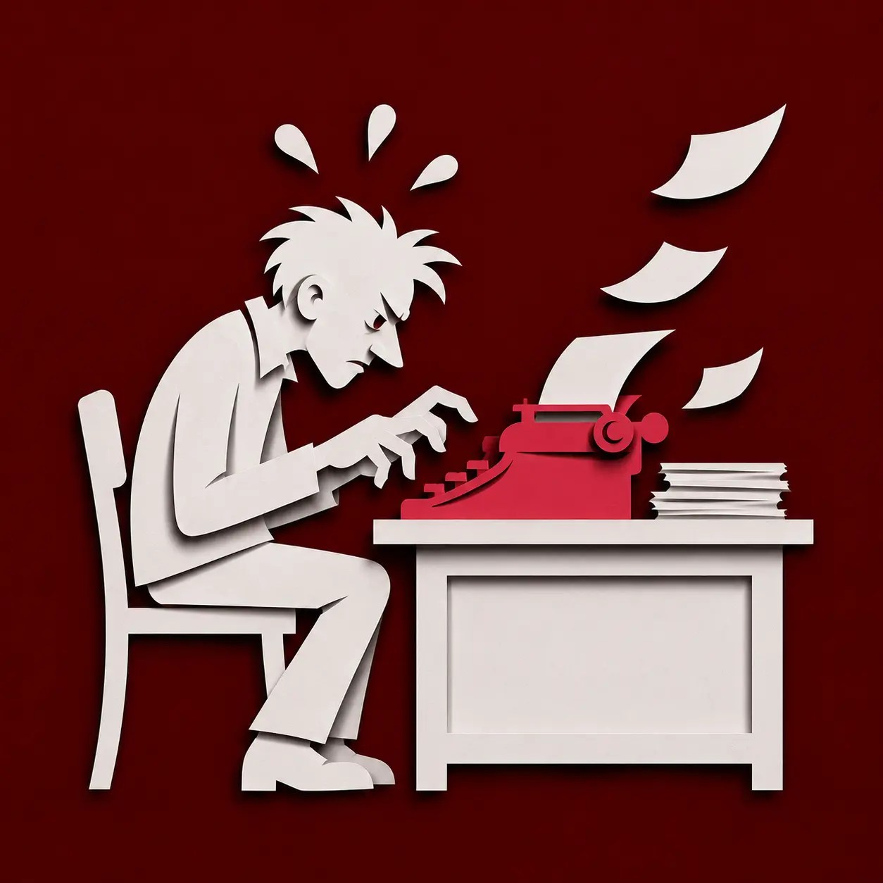Minimalistische Illustration eines Mannes, die angestrengt auf einer Schreibmaschine schreibt als Titelbild einer Kurzgeschichte über einen Zyniker, der endlich mal was schönes Schreiben will