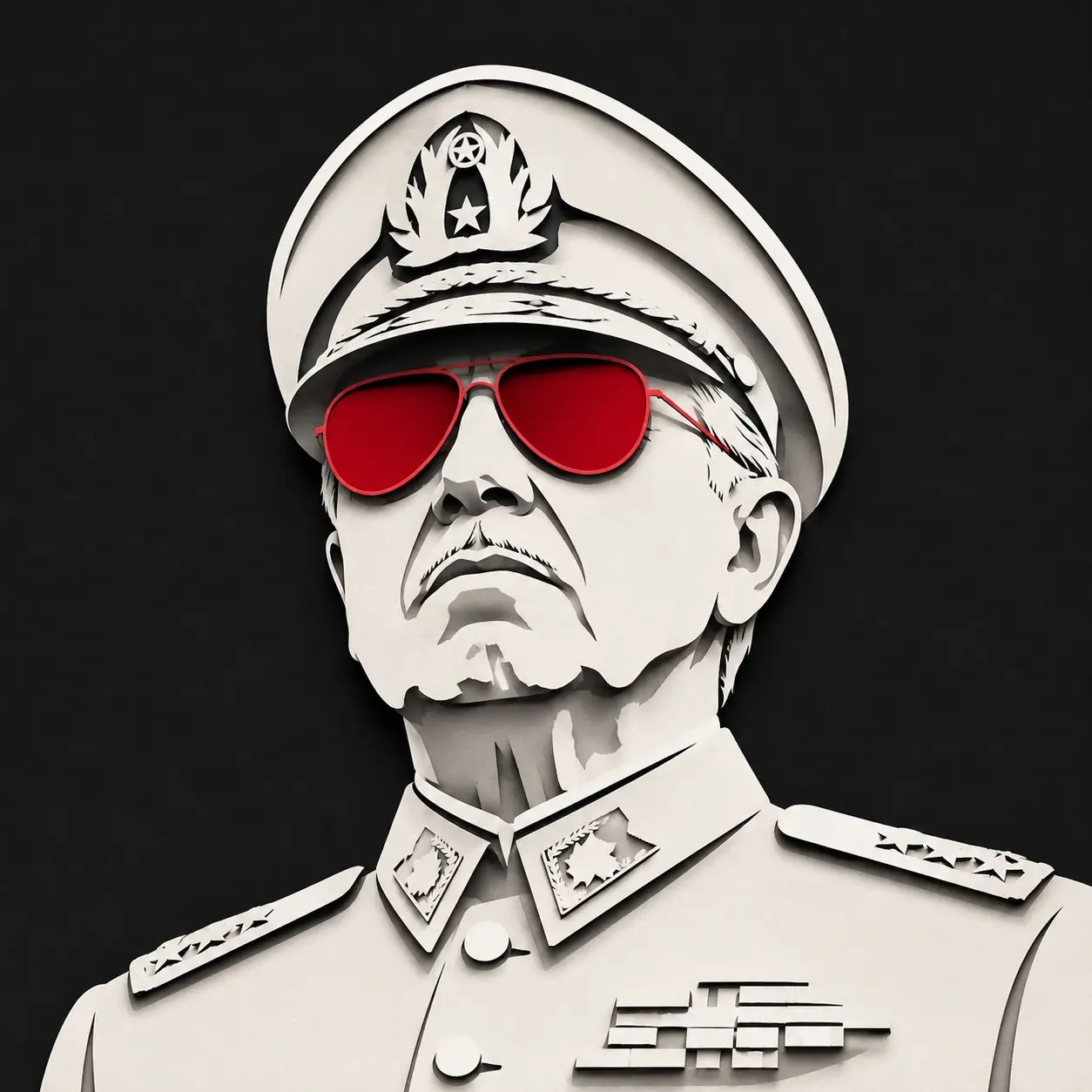 Augusto Pinochet in Uniform und mit Sonnenbrille. Schwarzer Hintergrund. KI-Illustration als Titelbild für einen Artikel über die Abstimmung von 1988 in Chile