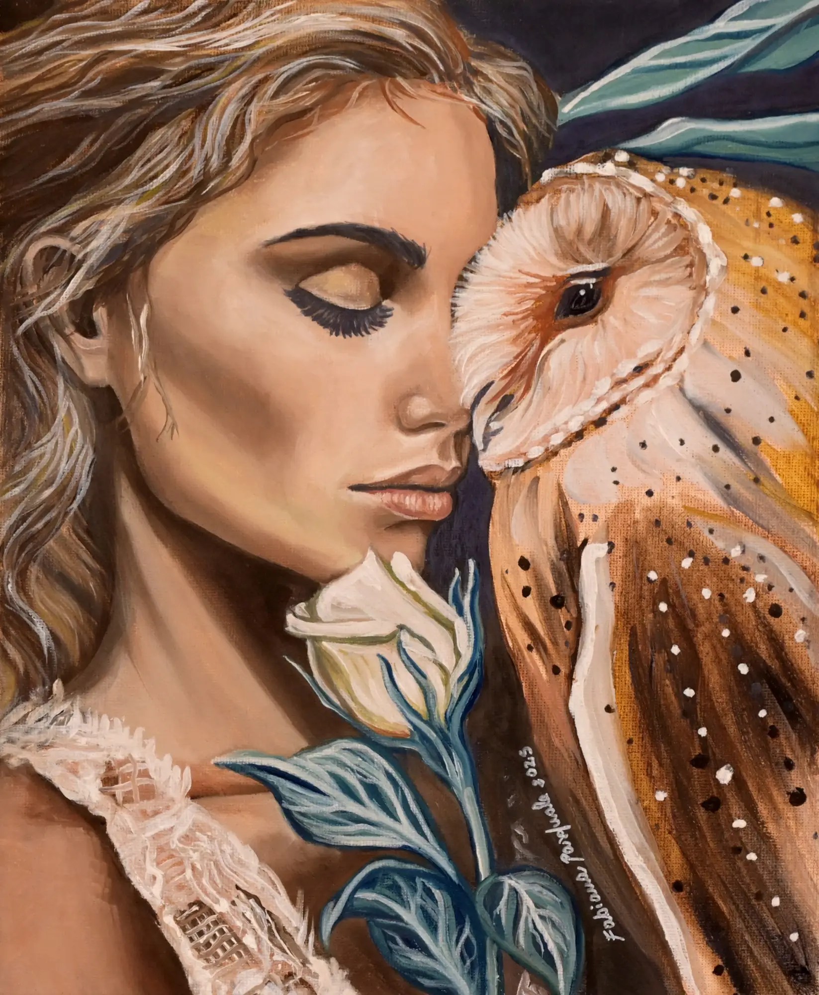 A young woman with closed eyes gently rests her forehead against a barn owl’s, their faces touching in a quiet, intimate gesture. Between them, a white rose emerges, symbolizing a bond of trust and purity. The soft, muted tones and delicate details create a calm, introspective atmosphere.