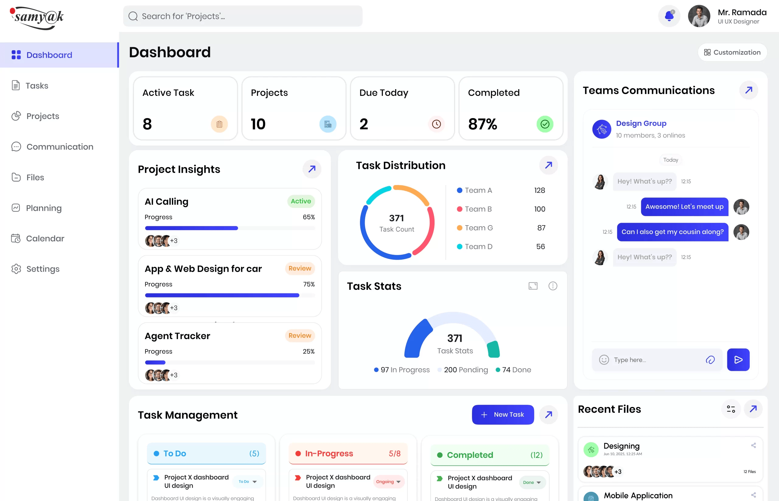 Modern project management dashboard showing task insights, team communication, project progress, task distribution, and status updates—ideal free clickup alternative