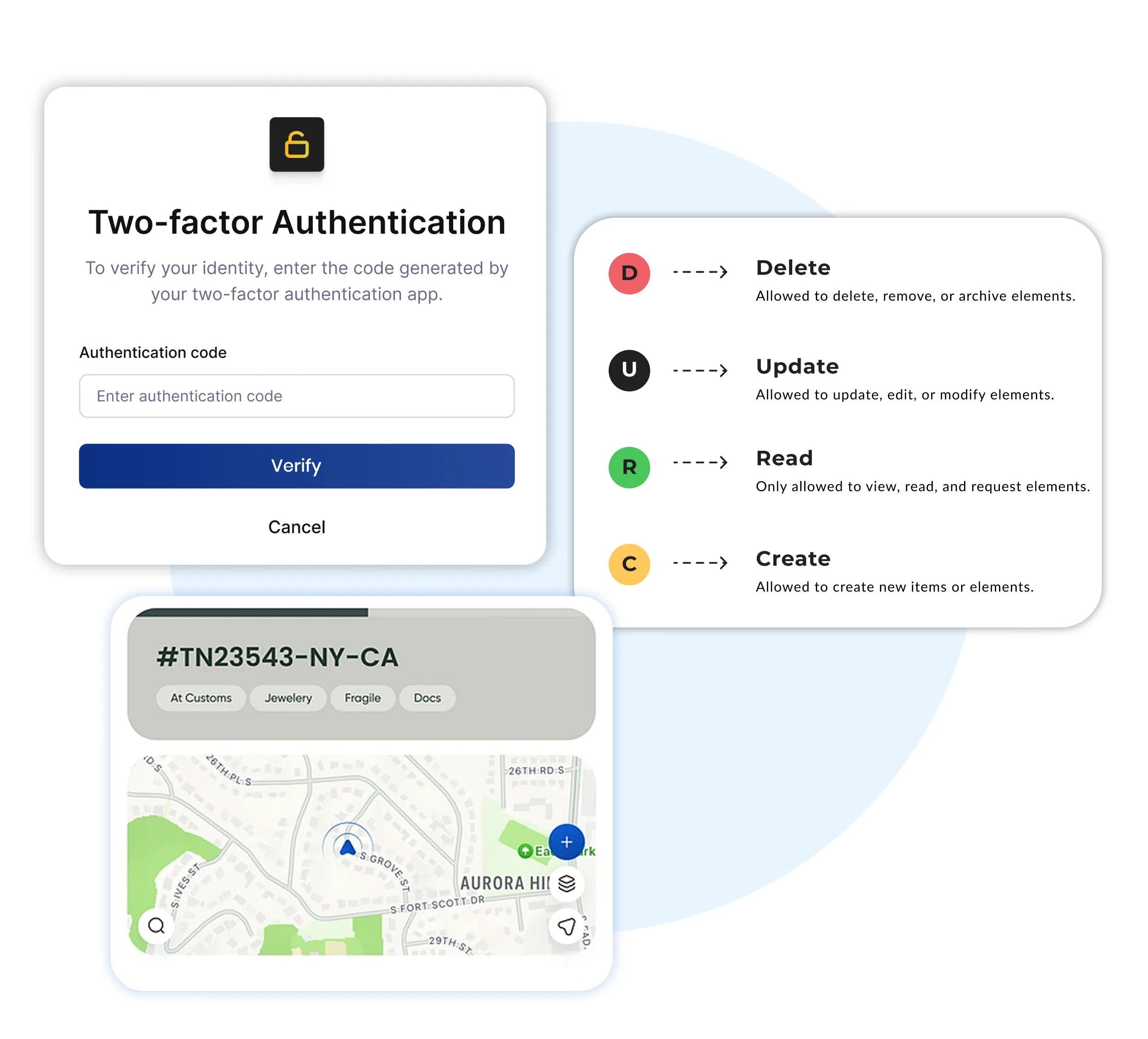 Two-factor authentication, user access roles, and real-time location tracking for secure and controlled document workflow management.
