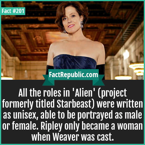 201. Ripley Alien-All the roles in 'Alien' (project formerly titled Starbeast) were written as unisex, able to be portrayed as male or female. Ripley only became a woman when Weaver was cast.
