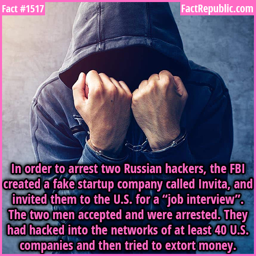 1517. Russian Hackers-In order to arrest two Russian hackers, the FBI created a fake startup company called Invita, and invited them to the U.S. for a “job interview”. The two men accepted and were arrested. They had hacked into the networks of at least 40 U.S. companies and then tried to extort money.