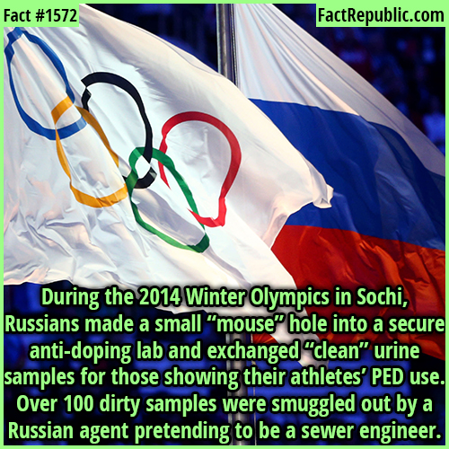 1572. Russian Doping Scandal-During the 2014 Winter Olympics in Sochi, Russians made a small “mouse” hole into a secure anti-doping lab and exchanged “clean” urine samples for those showing their athletes’ PED use. Over 100 dirty samples were smuggled out by a Russian agent pretending to be a sewer engineer.