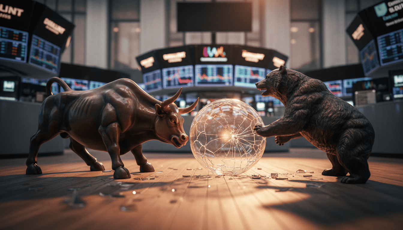Illustration of a bull and bear statue facing off over a cracked glass sphere, representing the Wall Street debate over an AI bubble