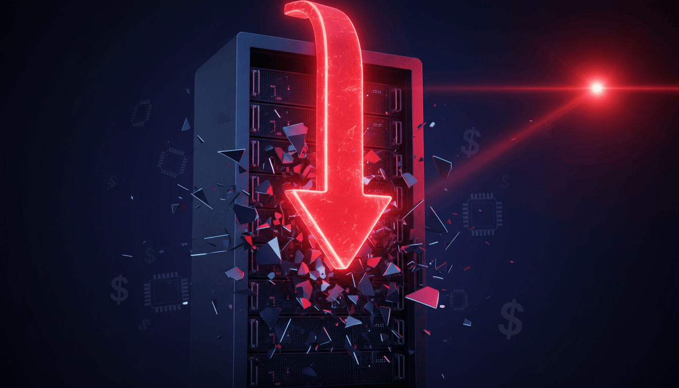 Stylized illustration of a red downward stock arrow crashing through an AI data center, representing the AI stock selloff