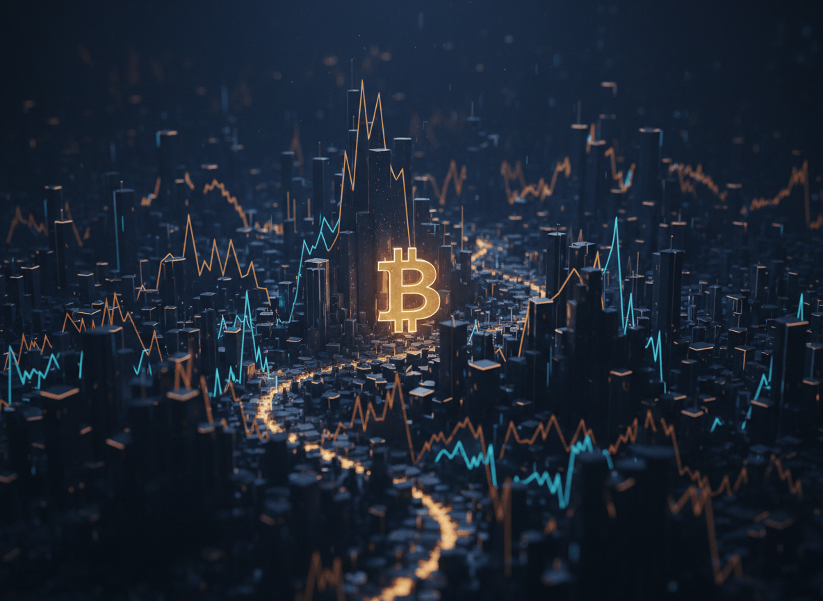 Bitcoin price chart concept with a golden coin over a dark navy digital cityscape