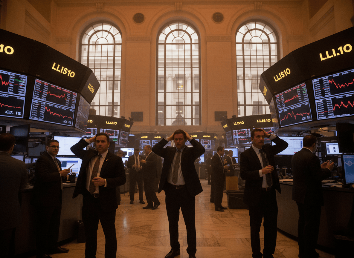 Wall Street trading floor with red downward-trending charts, representing hot inflation data and AI-financing jitters rattling markets