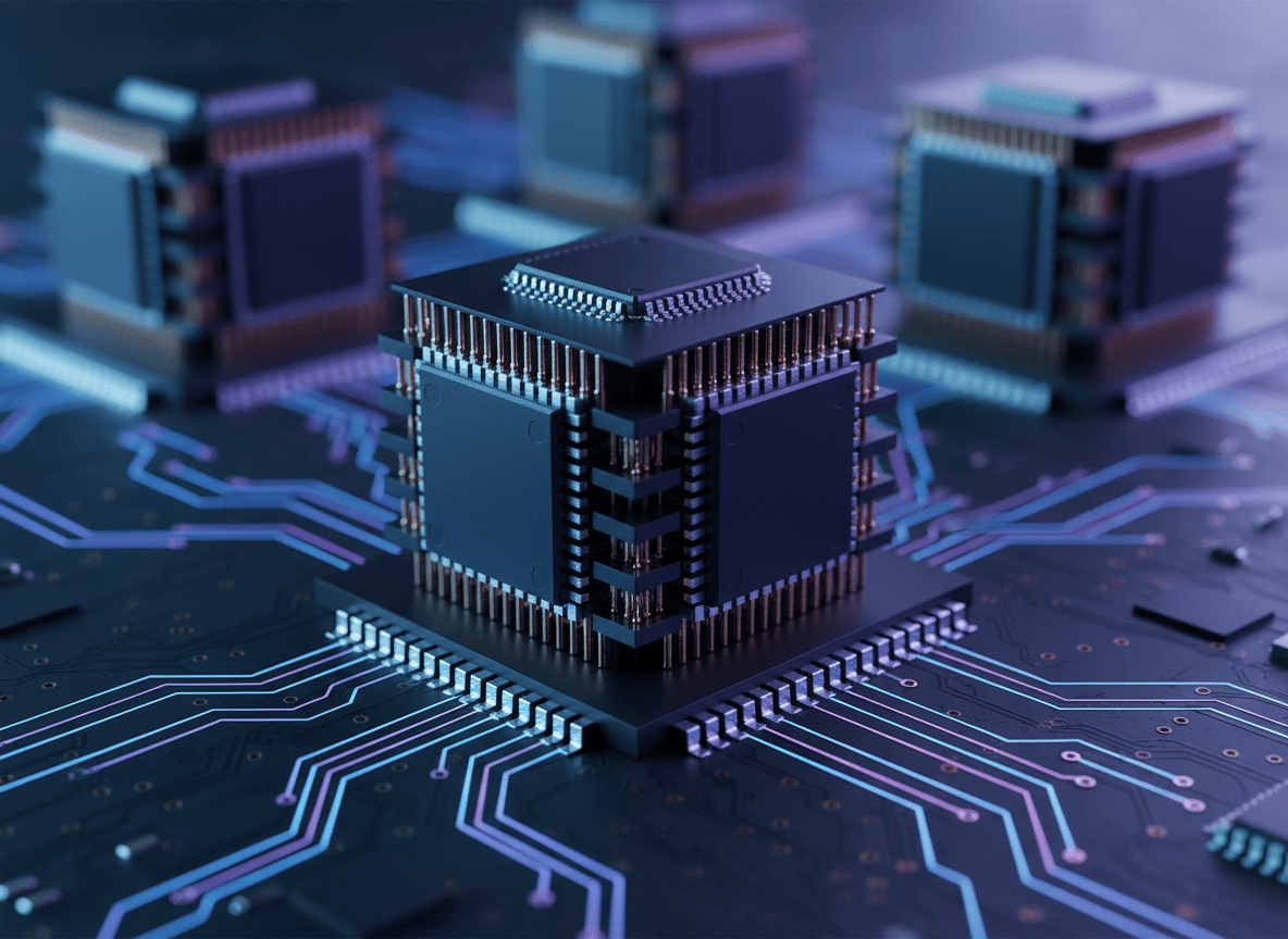 Stacked high-bandwidth memory chips on a circuit board under blue data-center lighting