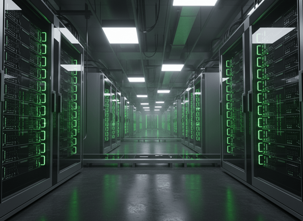 Futuristic AI data center with glowing server racks