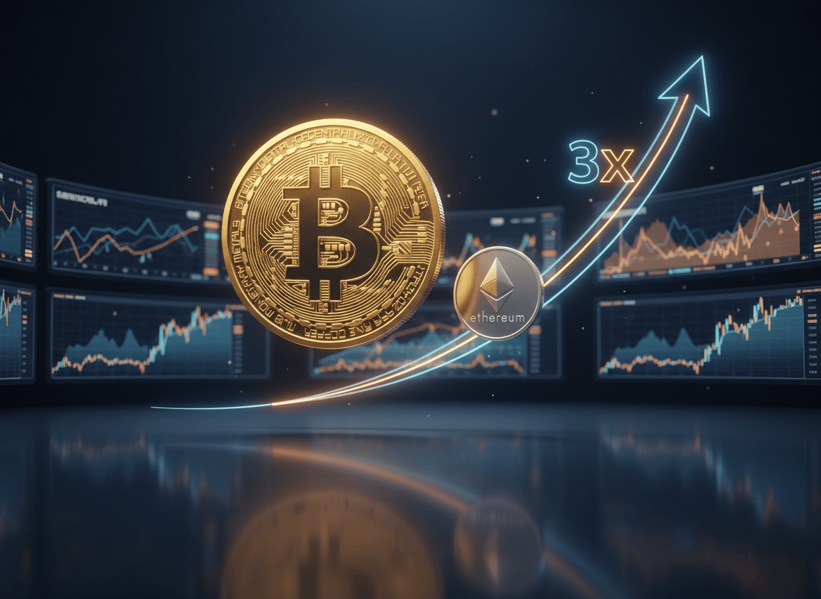 Bitcoin and Ethereum coins above a glowing trading floor, symbolizing new leveraged crypto ETPs