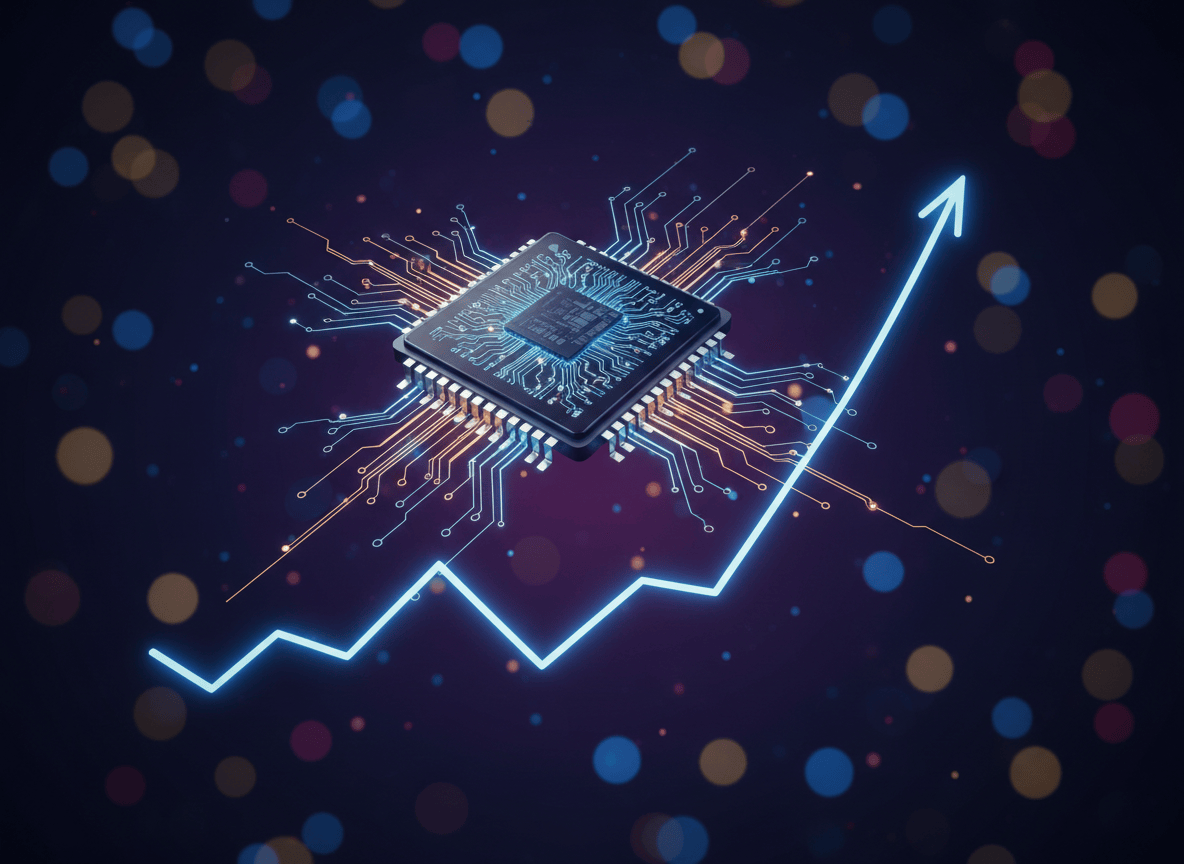 Glowing computer chip above an upward stock market chart, symbolizing the AI-driven record rally