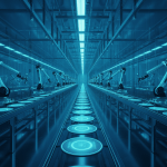 Futuristic semiconductor fabrication facility with glowing blue silicon wafers, representing TSMC's AI chip manufacturing boom