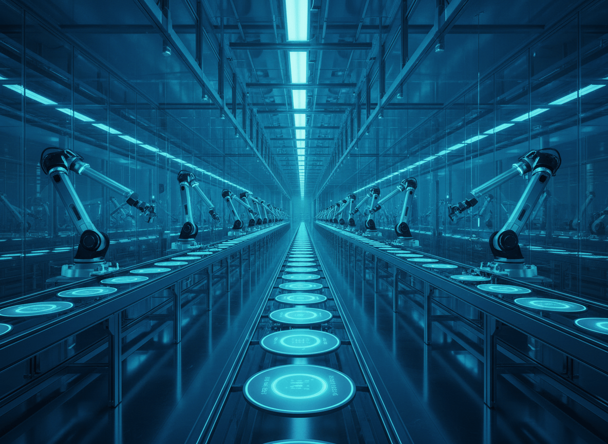 Futuristic semiconductor fabrication facility with glowing blue silicon wafers, representing TSMC's AI chip manufacturing boom