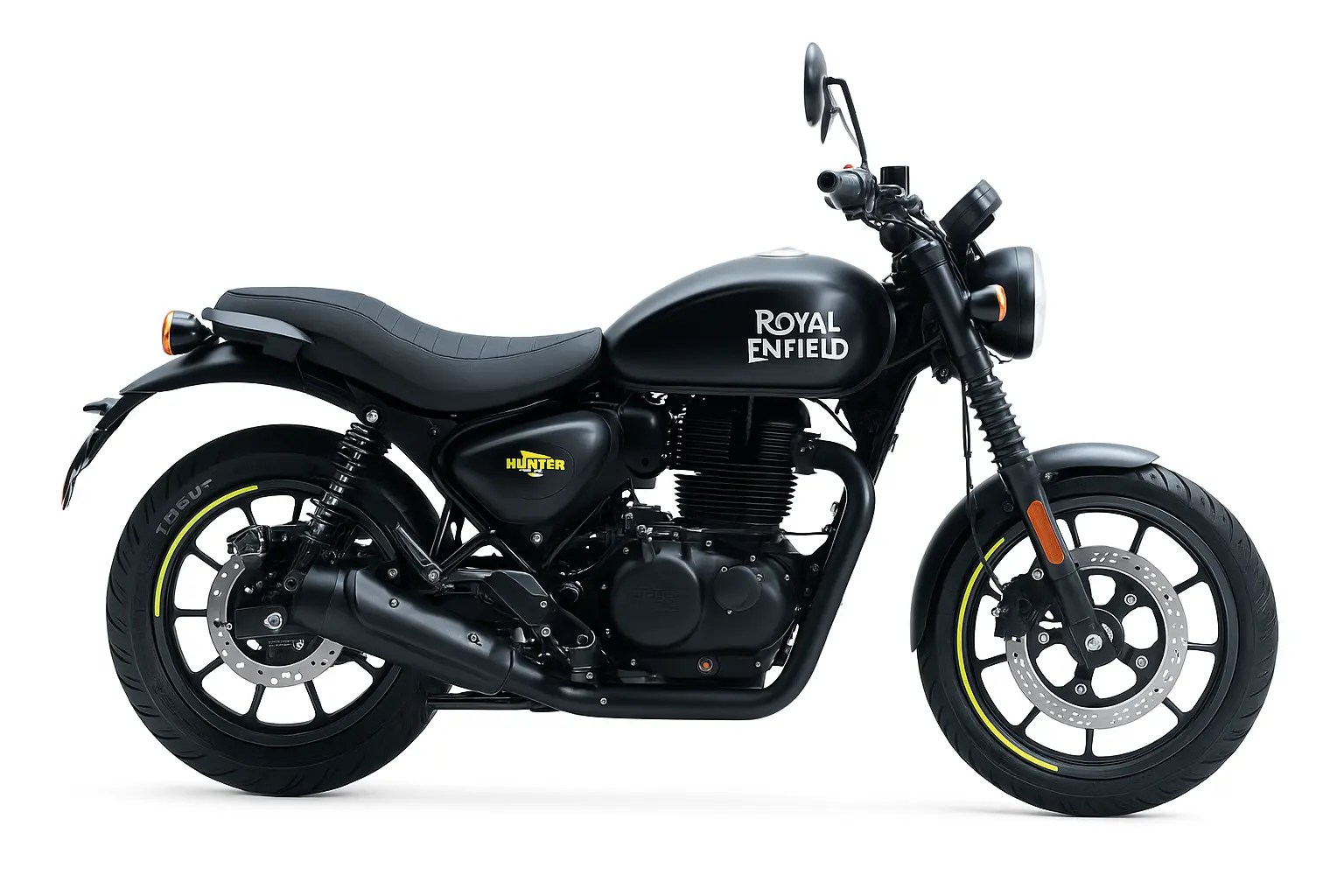 Royal Enfield Hunter 350 Graphite Grey side profile with yellow accents on a white background.