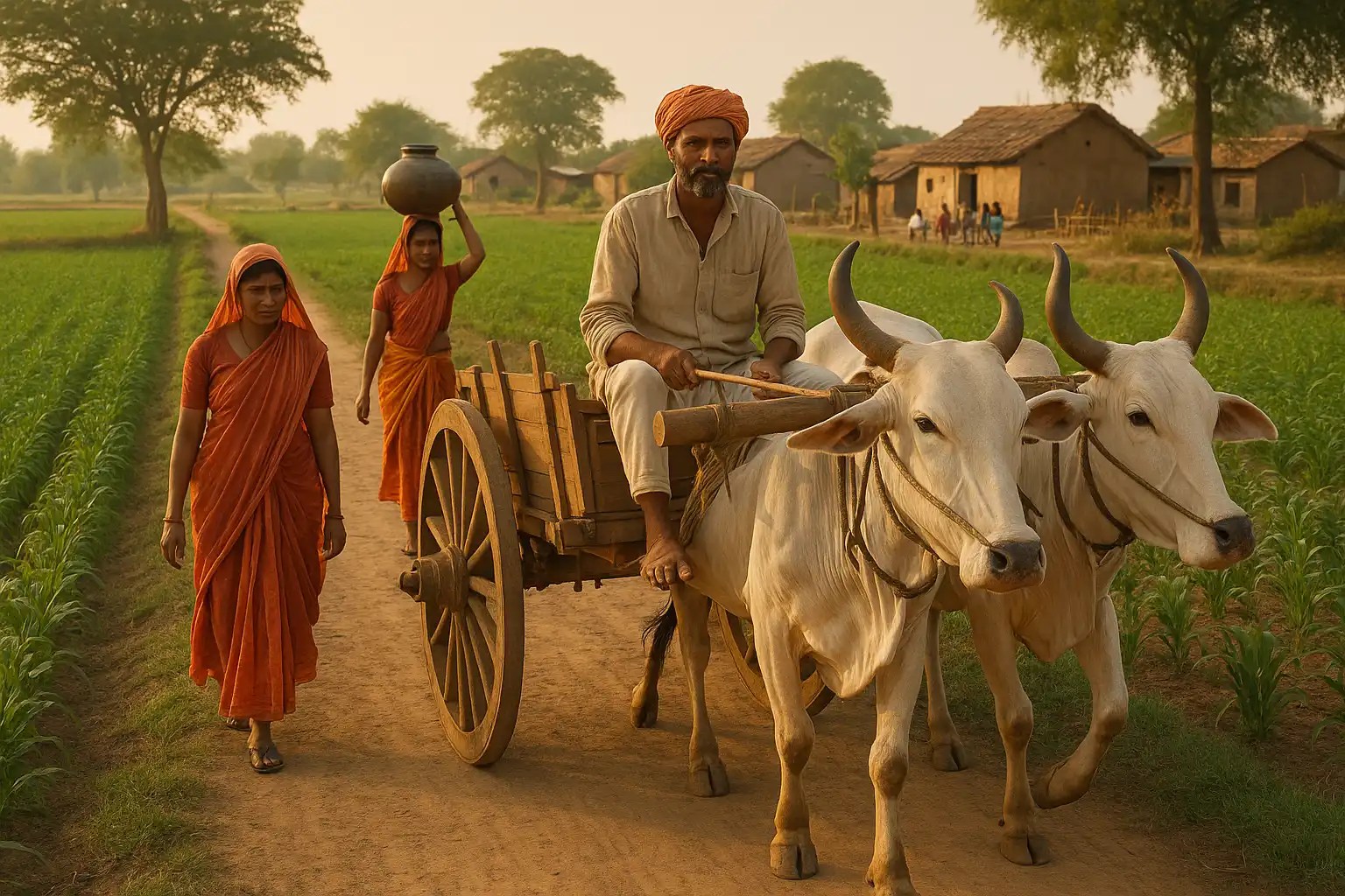 A photograph captures a rural Indian village scene during golden hour. A farmer rides a wooden bullock cart pulled by two white oxen along a dusty path flanked by green fields. Two women in orange sarees walk beside the cart, one carrying a metal pot on her head. In the background, mud houses and tall trees complete the peaceful village setting.
