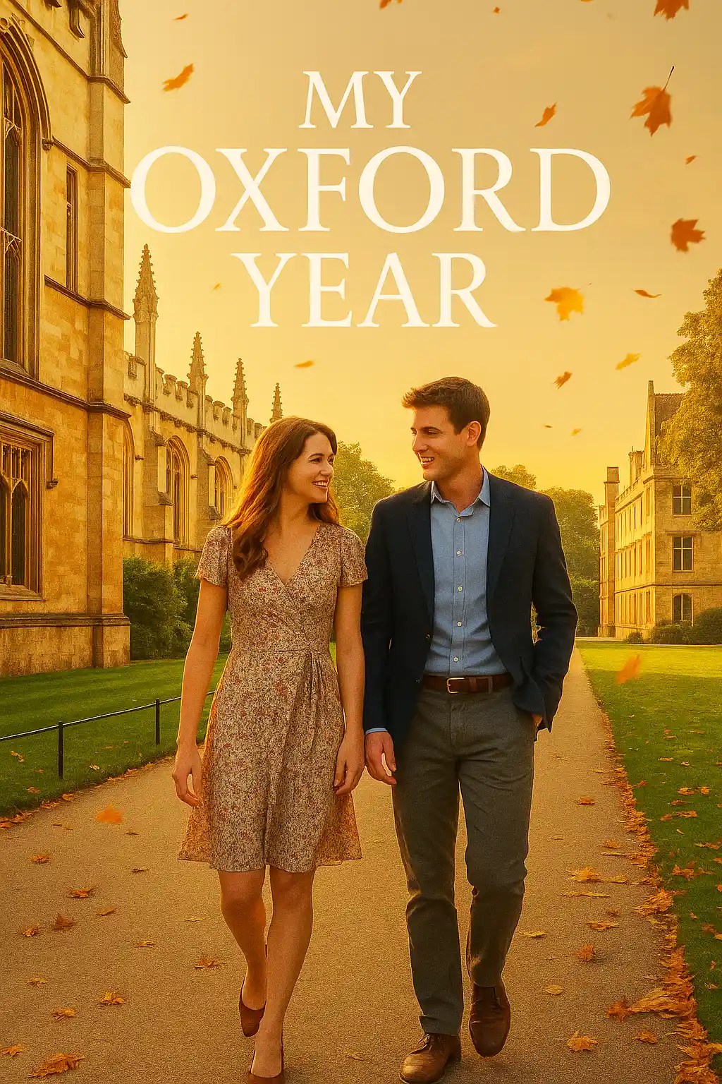 A romantic movie poster for My Oxford Year featuring a young couple walking hand in hand through Oxford University’s historic campus, surrounded by autumn leaves and golden evening light, symbolizing love and new beginnings.