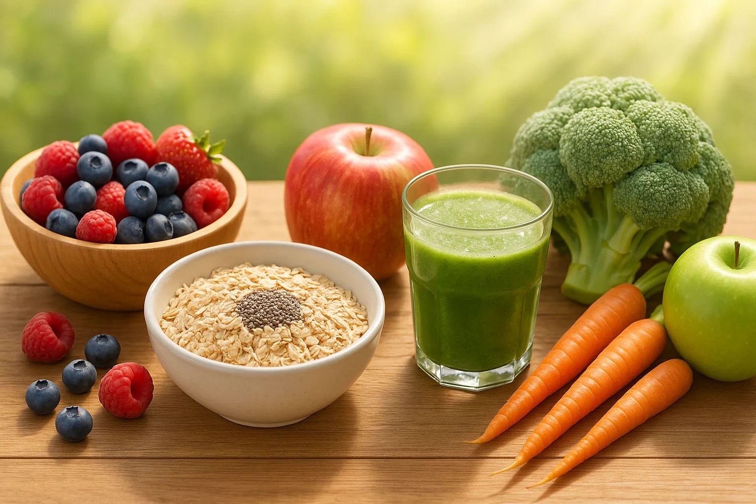 Wooden table with healthy breakfast items — oats with chia seeds, green smoothie, fresh fruits like berries and apples, and vegetables like carrots and broccoli, in soft natural sunlight