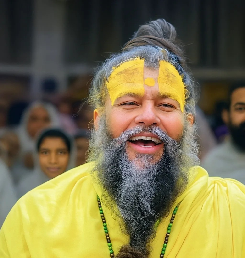 Premanand JI Maharaj पीले वस्त्र और माथे पर पीला तिलक धारण किए हुए मुस्कुराते हुए जिनके पीछे भक्तजन खड़े हैं।"