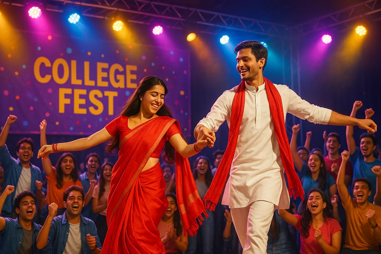 A young Indian couple performs a lively dance on a colorful college stage. The woman wears a bright red saree, and the man is dressed in a white kurta with a matching red dupatta. Vibrant stage lights in purple, yellow, and blue illuminate the scene, while an excited crowd of cheering students celebrates in the background.