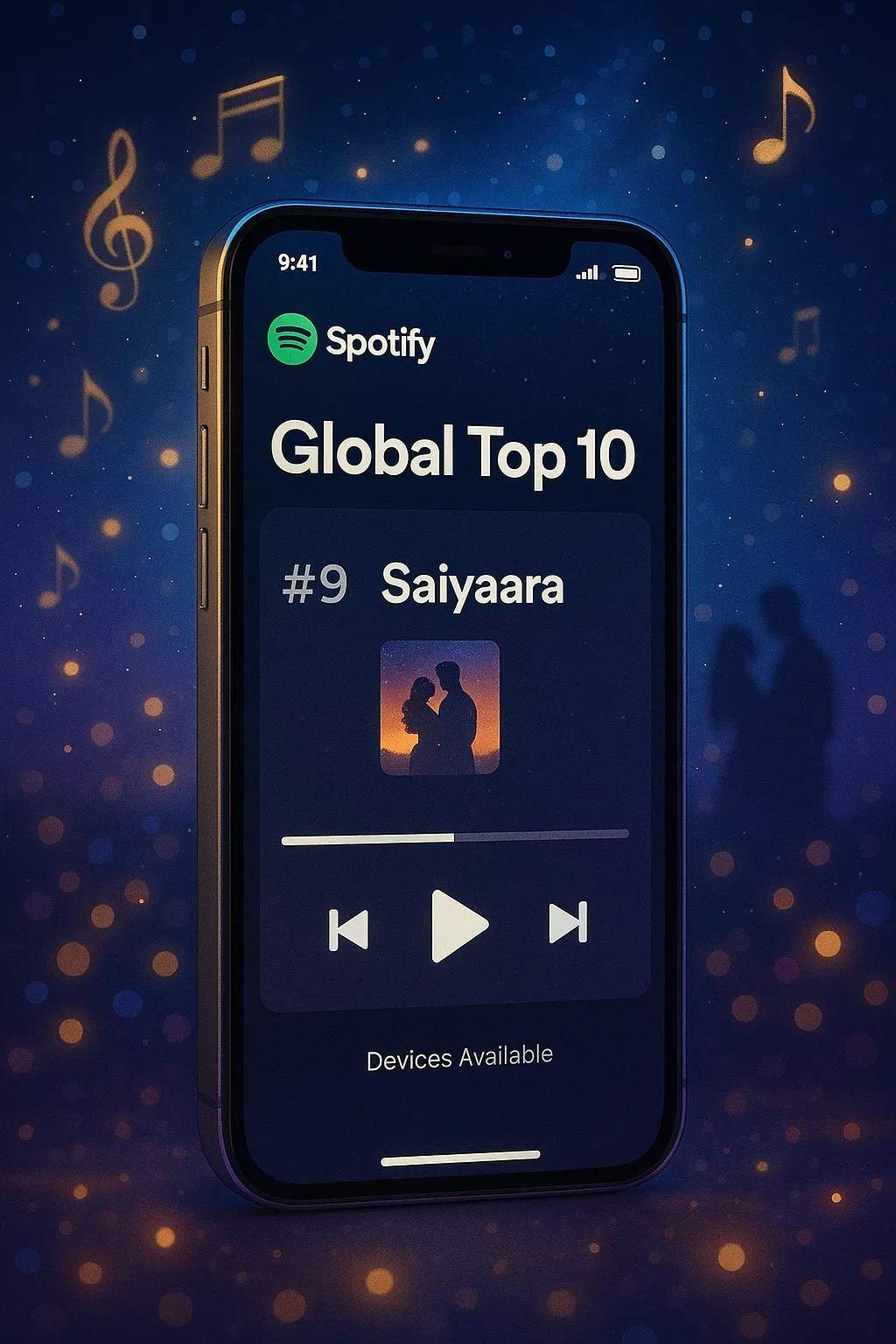 A smartphone screen displays the Spotify interface, highlighting the song "Saiyaara" ranked at #9 on the Global Top 10 chart. The background features glowing musical notes, sparkling lights, and a faint silhouette of a romantic couple under a starry night sky, creating a modern and celebratory atmosphere.