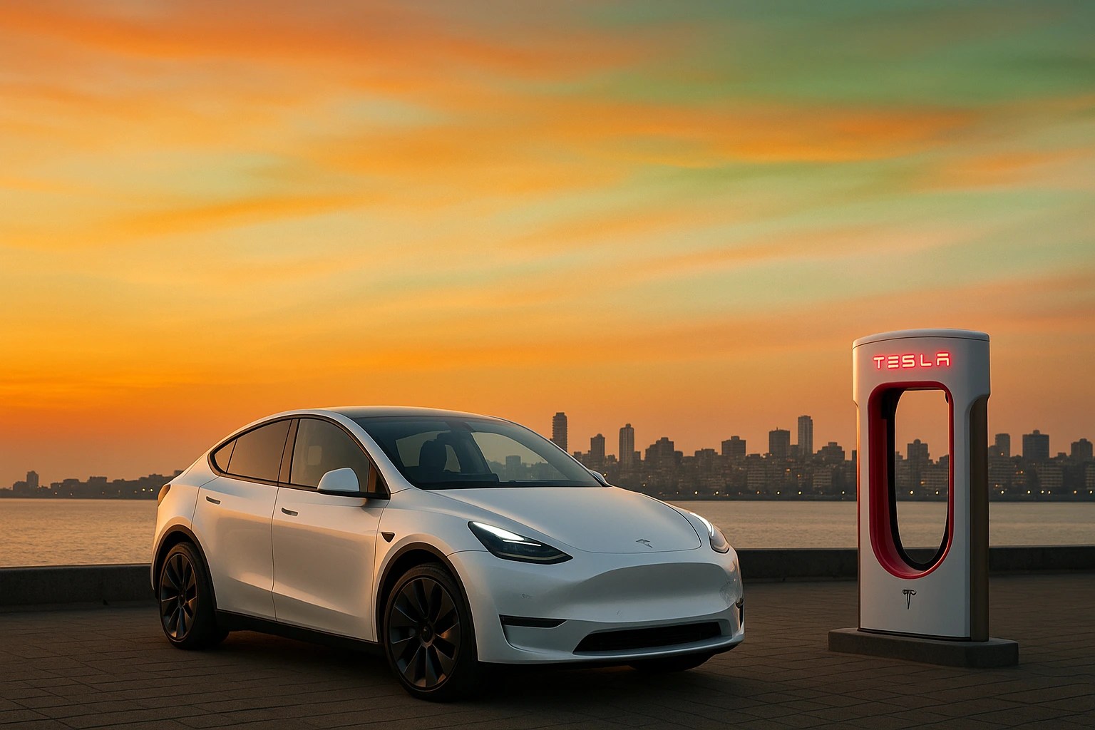 Tesla Model Y in Pearl White at Mumbai Marine Drive with a glowing Tesla Supercharger station and Indian tricolor sky, symbolizing Tesla’s India launch.