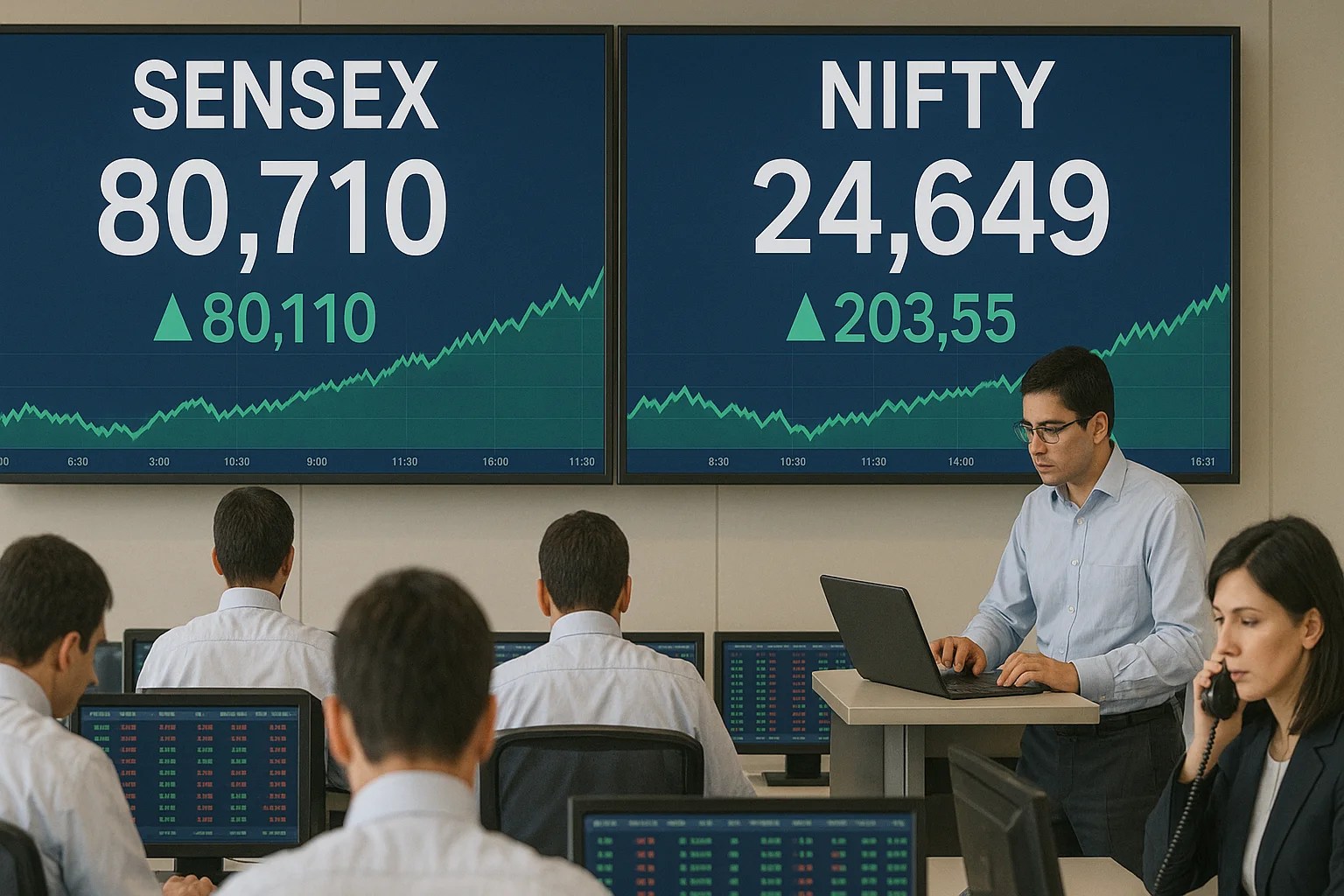 A busy stock trading floor with multiple traders focused on their computer screens, while two large digital displays in the background show updated Sensex at 80,710 and Nifty at 24,649 with rising green trend graphs.