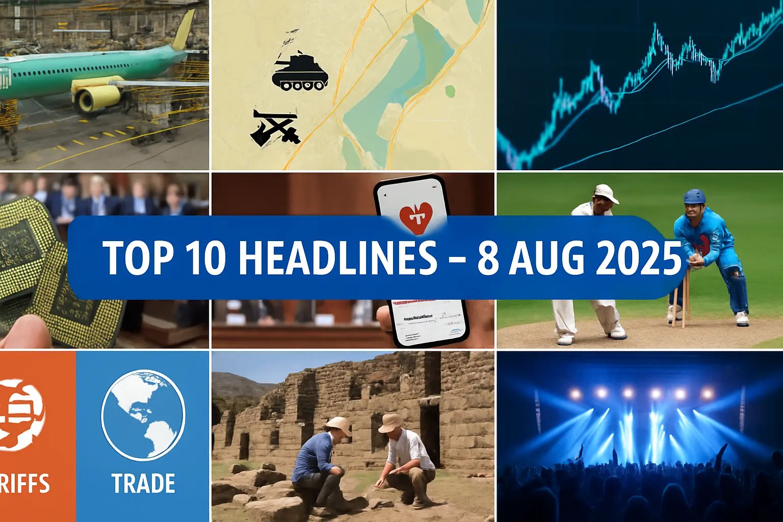 Top 10 Headlines 8 अगस्त 2025 – आज की ताज़ा और बड़ी खबरें हिंदी में, अंतरराष्ट्रीय, व्यापार, टेक्नोलॉजी, खेल और मनोरंजन अपडेट के साथ