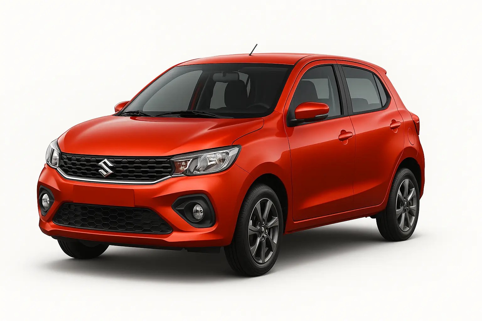 Red compact hatchback car with a sleek modern design, shown on a white background.features include angular headlights, black honeycomb grille, alloy wheels, and a sporty stance.