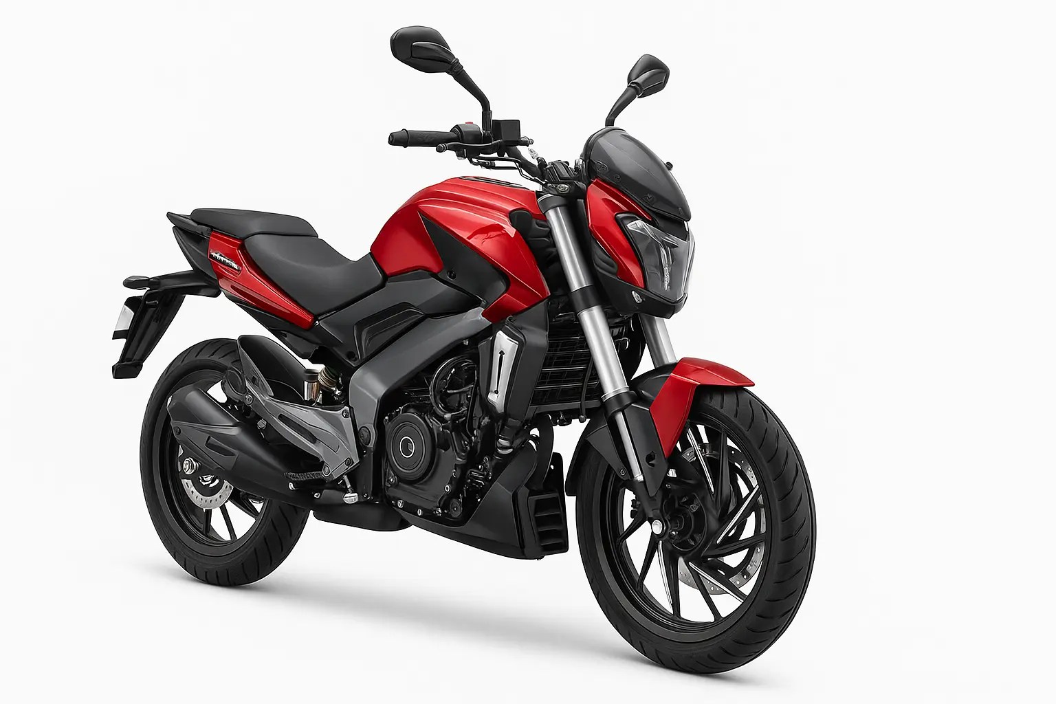 A red Bajaj Dominar 250 motorcycle displayed against a clean white background, shown from a front-left angle with detailed features including sharp headlamp design, sculpted fuel tank, black alloy wheels, and muscular build