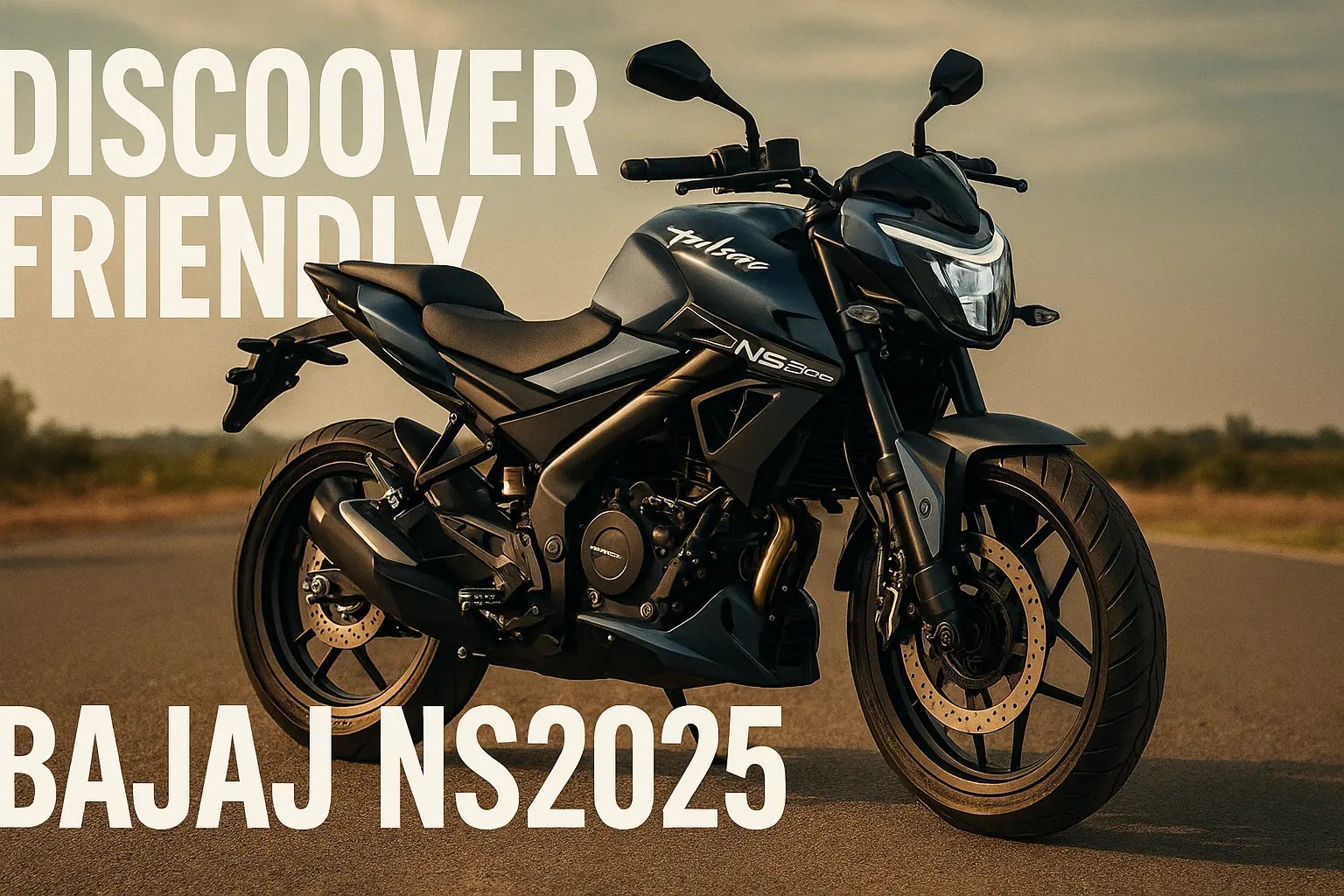 A sleek Bajaj NS2025 motorcycle is parked on an open road under warm golden-hour lighting. The bike features a sharp, angular design with a matte black and metallic blue finish. "BAJAJ NS2025" is prominently displayed in bold white text in the bottom left corner. The background shows a peaceful rural landscape with a clear sky and soft sunlight, creating a promotional and adventurous vibe.