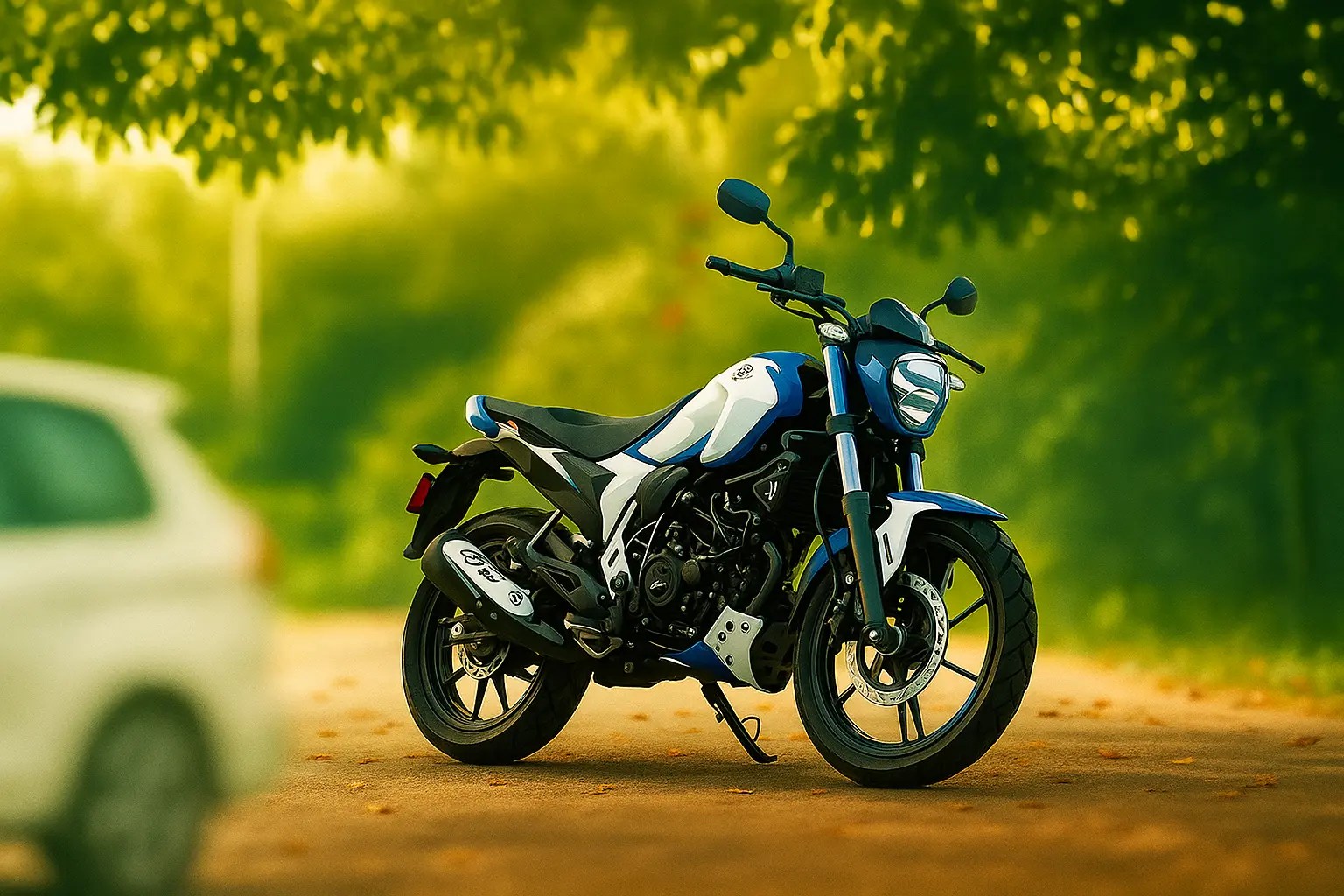 Blue and white sport motorcycle parked on a sunlit road with a blurred green forest background, showcasing sleek design and modern features.